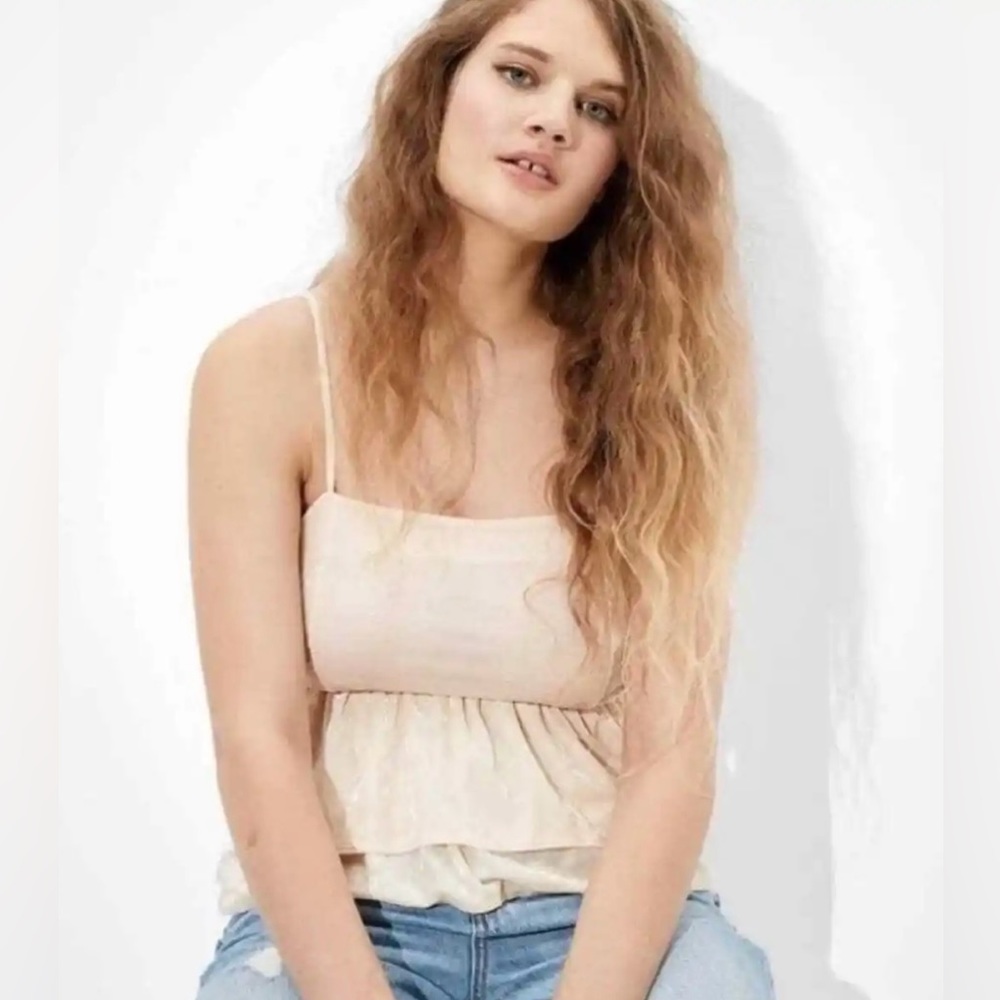 American Eagle Women’s Cream Velvet Tiered Babydoll Top, Size Large, NWT